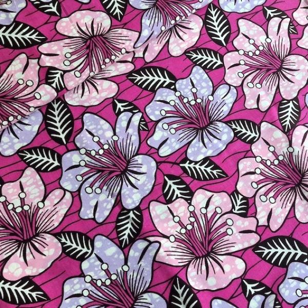 Afrikanischer Wax Print Stoff Baumwolle PINK RETRO FLOWERS